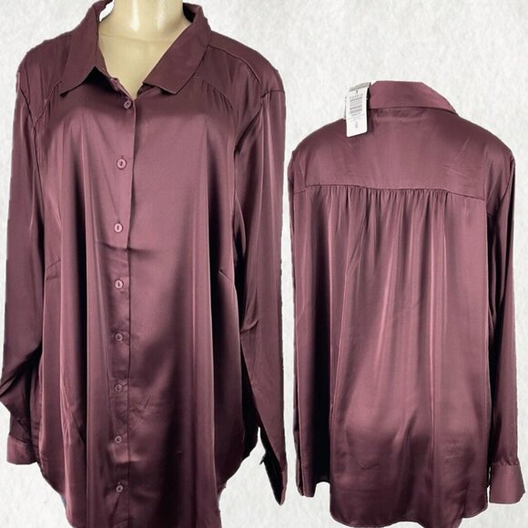Torrid +4 Brown Satin Button Down Collar Curve Hem Long Sleeve Madison Shirt - Picture 1 of 6